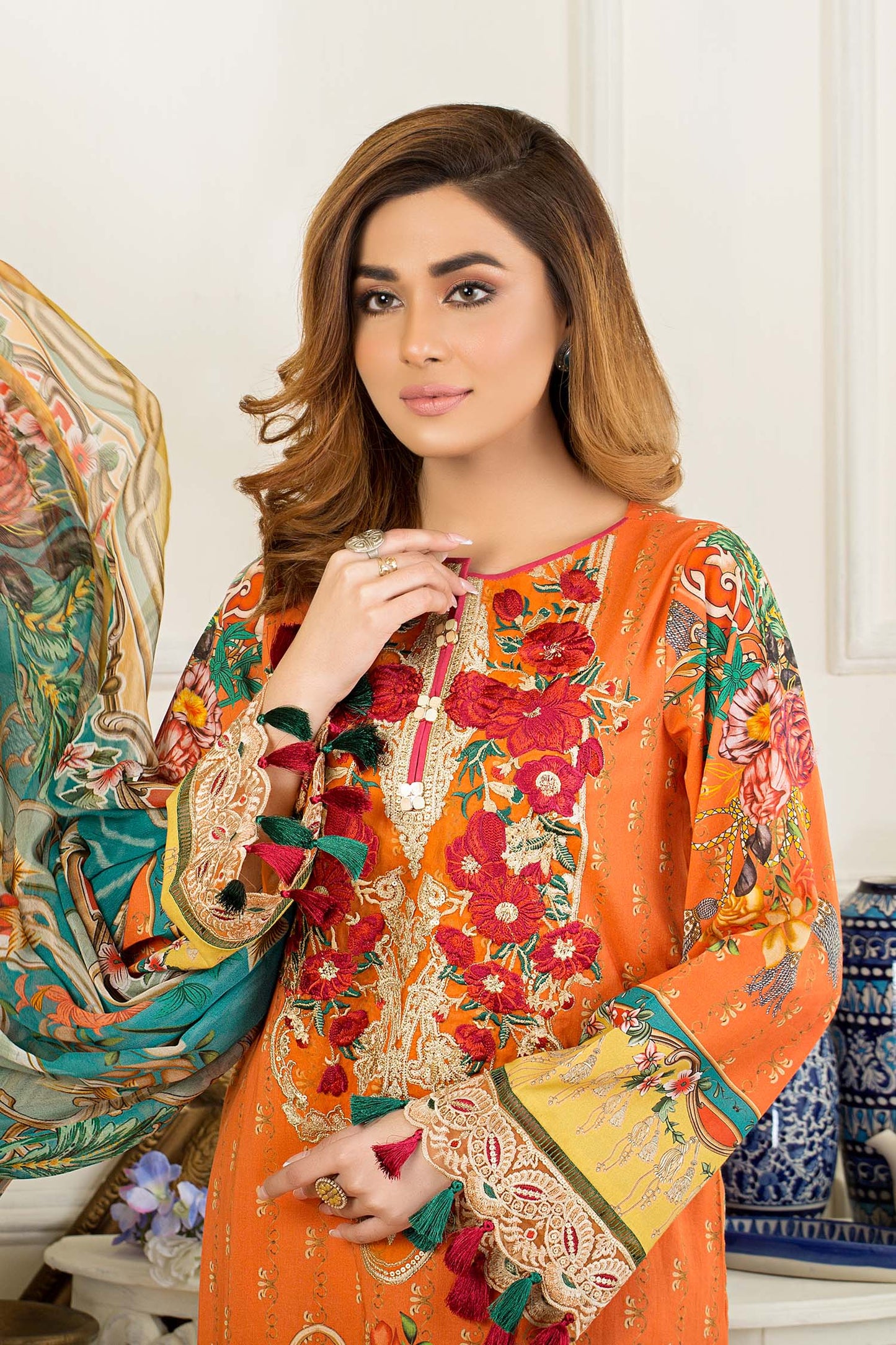 Yellowish Orange - Digital Printed & Embroidered Swiss Lawn