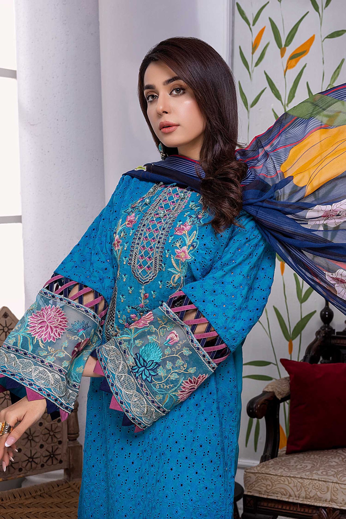 Water Blue - Chikankari Embroidered Lawn Stitched 3PC