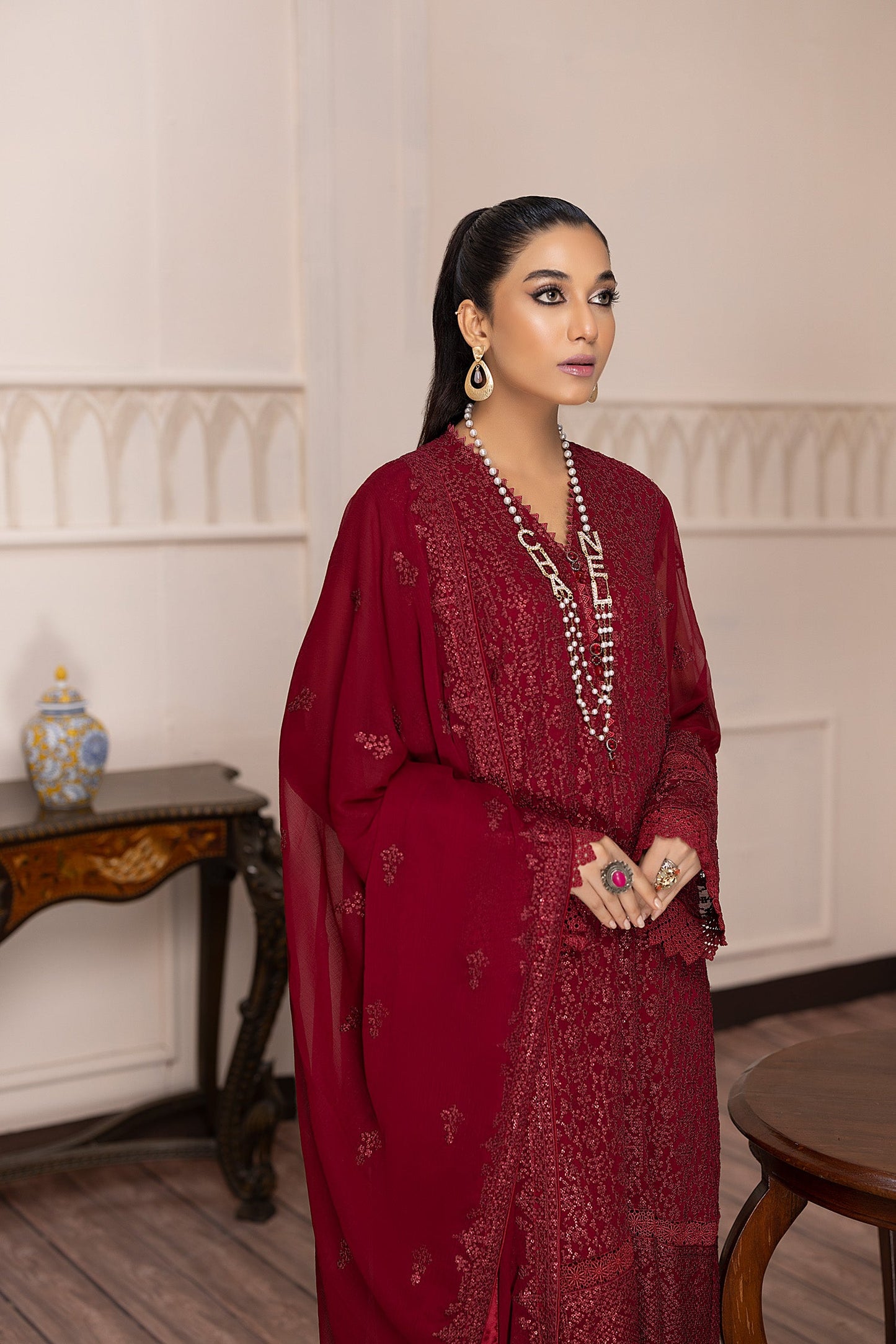 Zel Wine - Embroidered Chiffon Pret 3PC