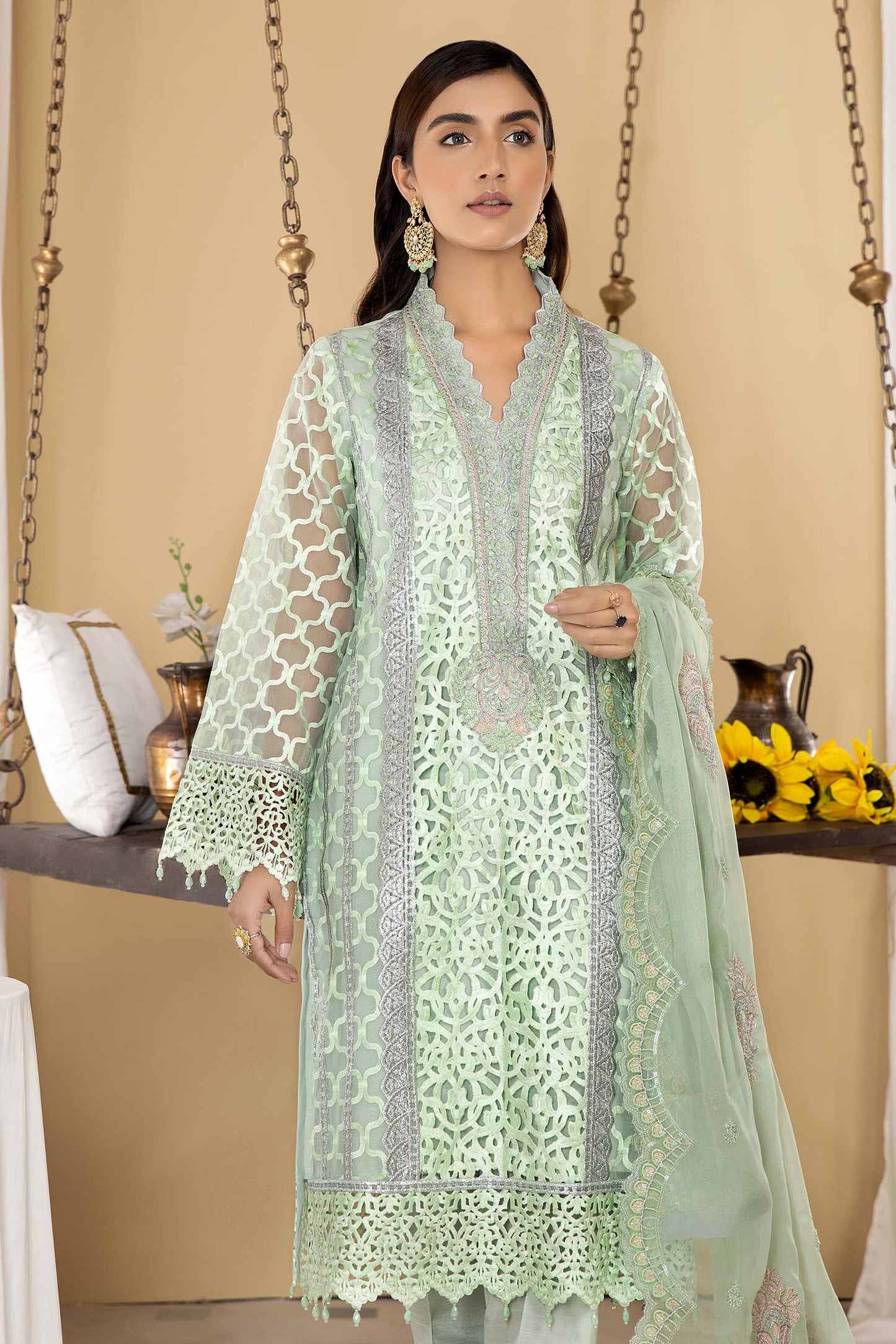 Green White - Stitched Embroidered Organza