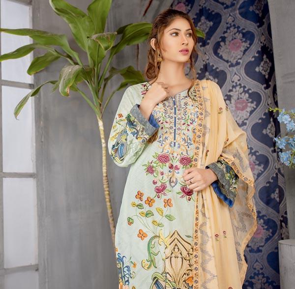 Pastachio - Digital Printed Embroidered Lawn With Chiffon Dupatta