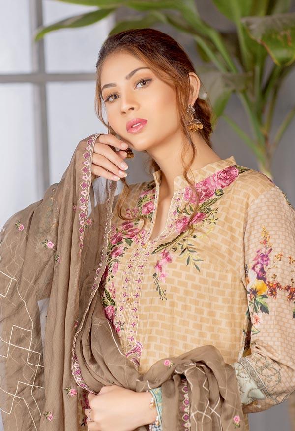 Carob - Digital Printed Embroidered Lawn With Chiffon Dupatta