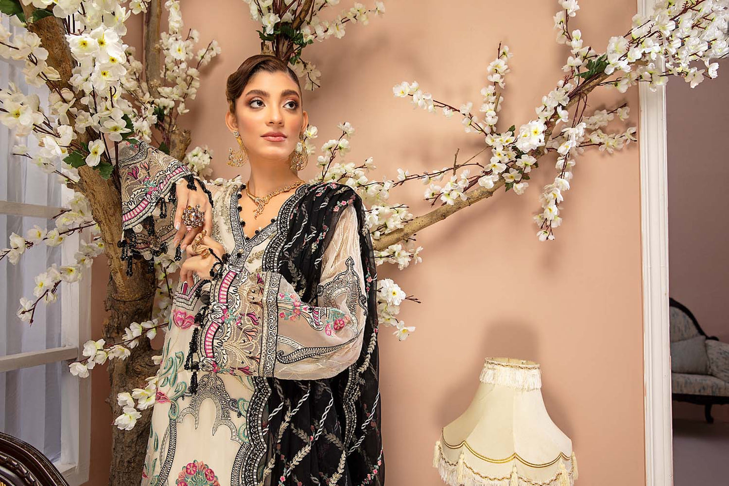 Floral White Stitched