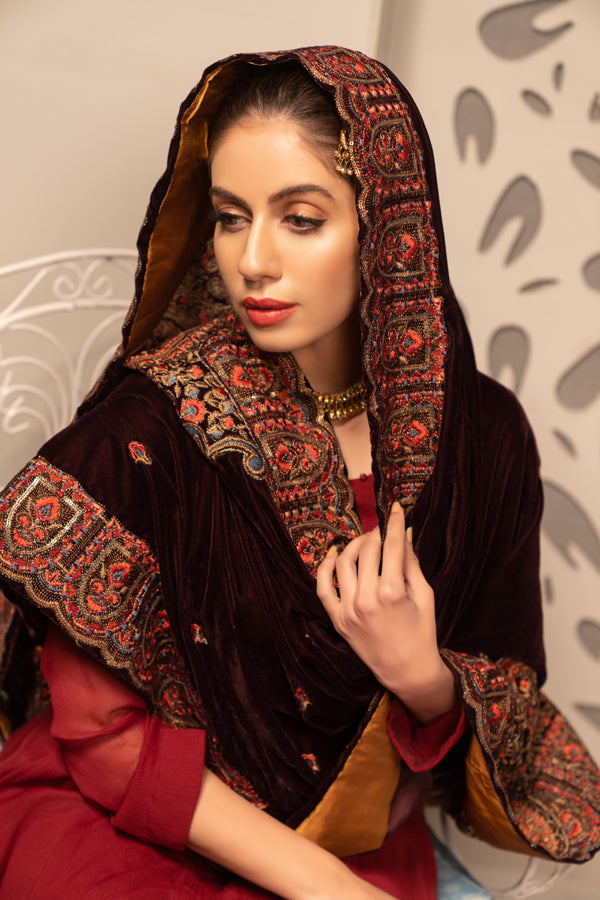 Dark Auburn - Embroidered Velvet Shawl