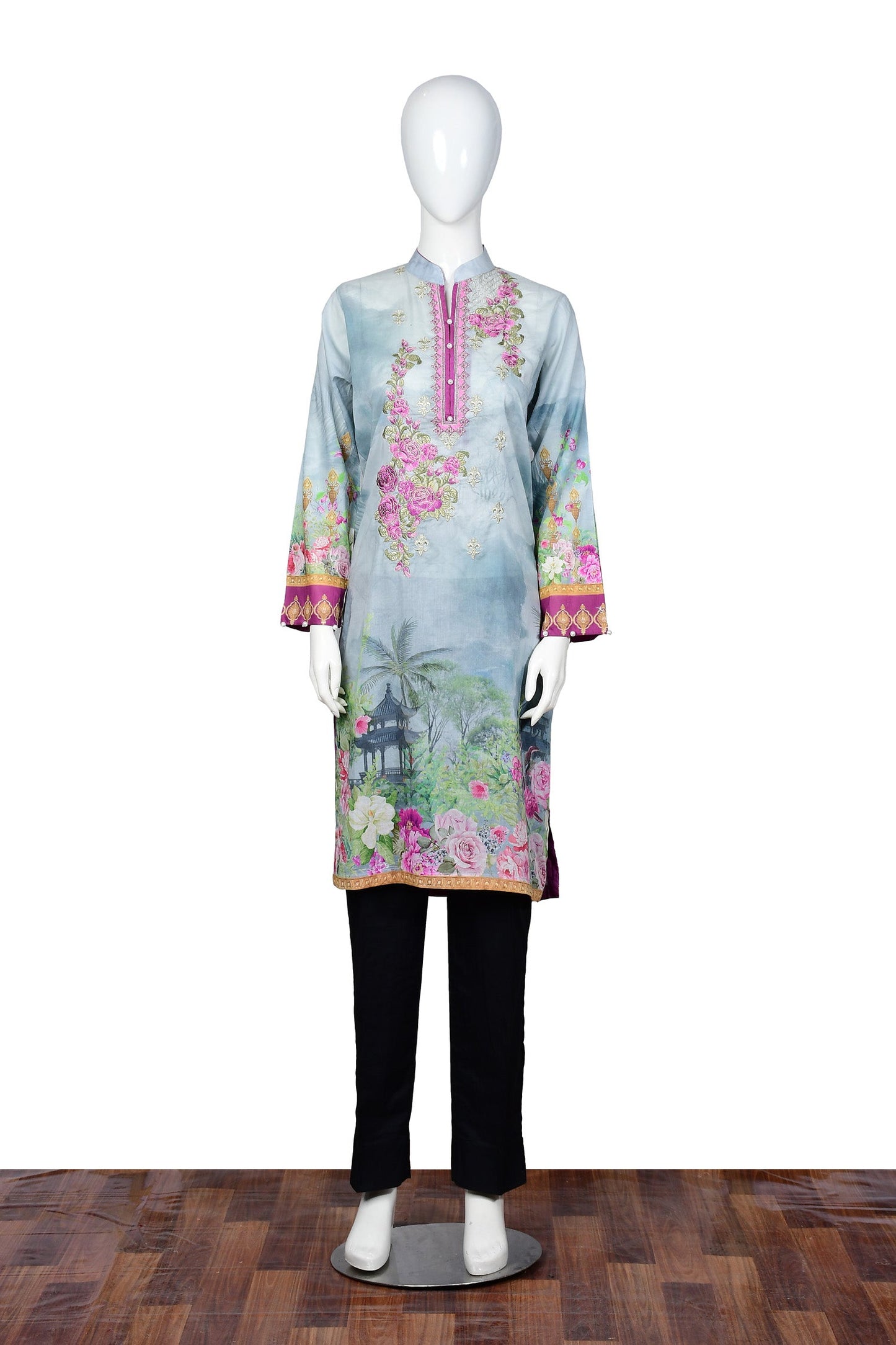 Rose Blue - Digital Embroidered Stitched Lawn Kurti
