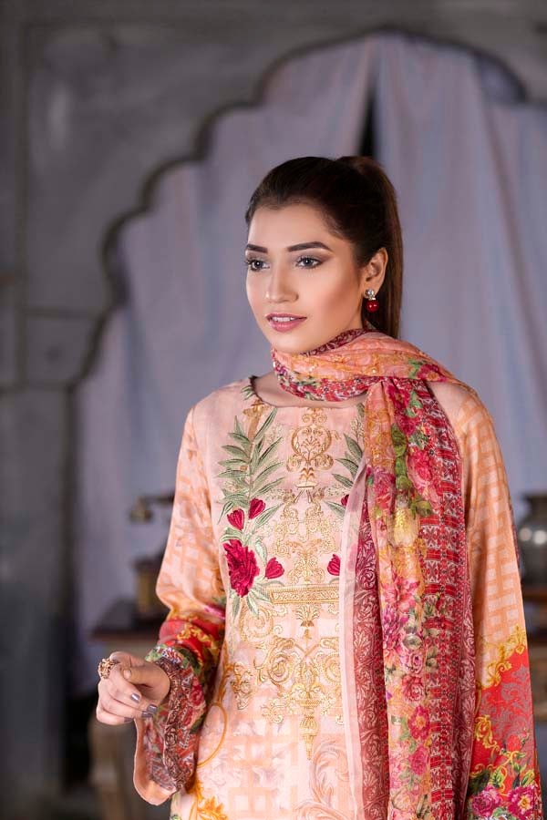 Light Apricot Digital Printed & Embroidered Karandi 3PC