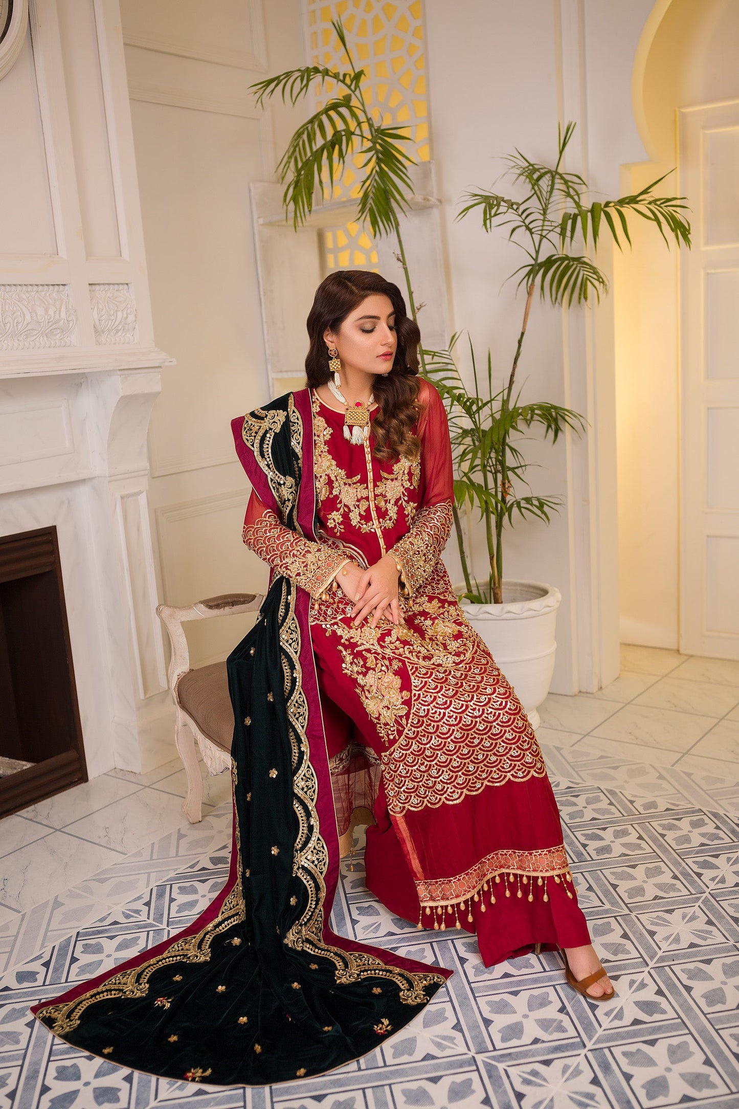 Blooming Red - Embroidered & Hand Embellished Chiffon 3PC