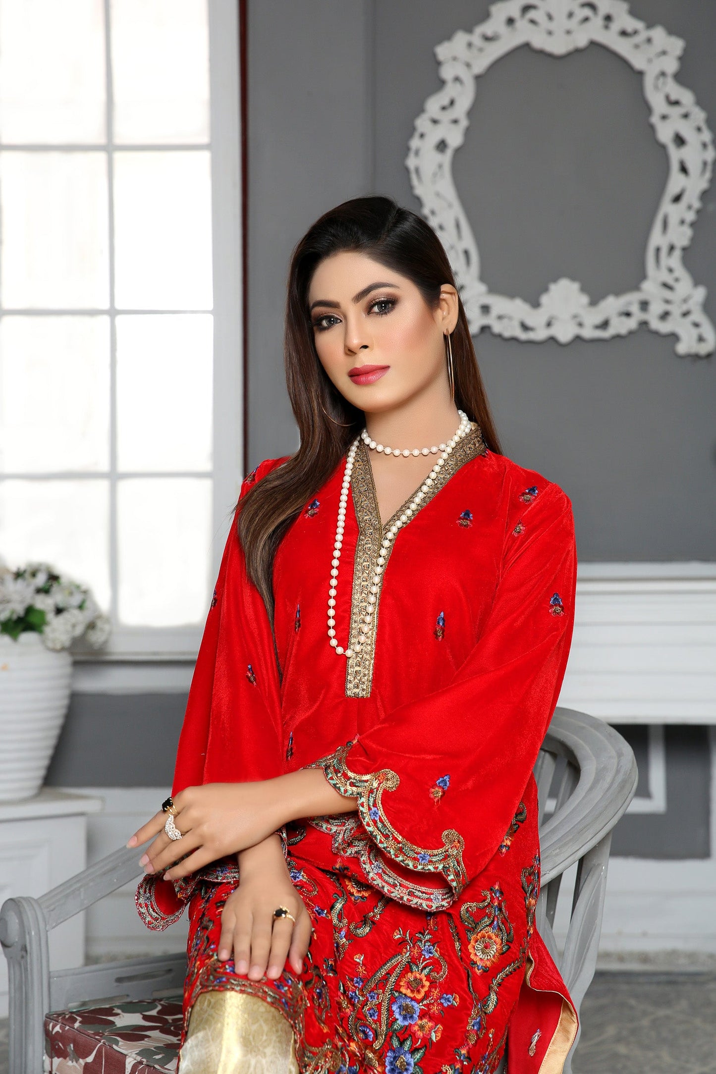 Alstroemeria- Embroidered Velvet Unstitch Kurti