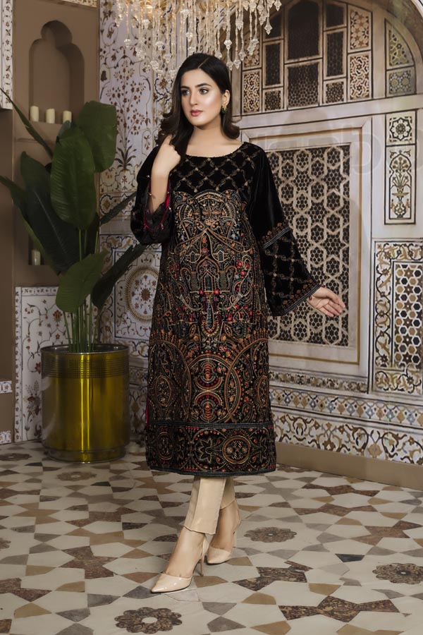 Black 03 - Embroidered Velvet Un Stitched (2 Piece)