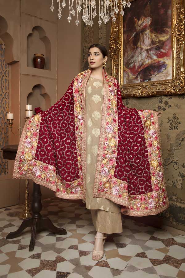 Burgundy - Embroidered Velvet Shawl