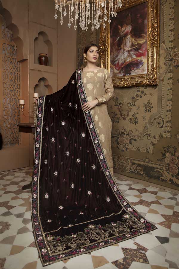 Congo Brown - Embroidered Velvet Shawl