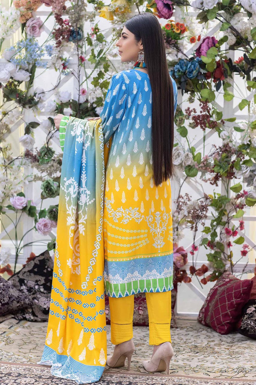 Pale Cerulean - Stitched Digital Printed Linen 3PC