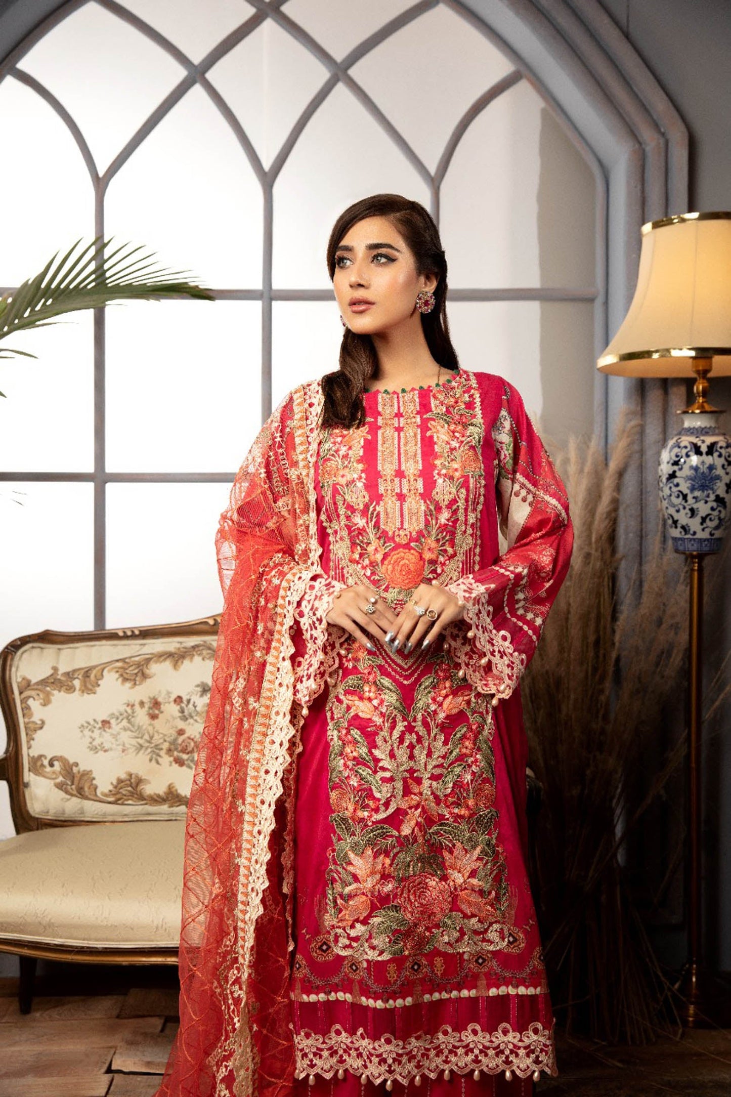 Razzle Red - Digital Printed & Schiffli Embroidered Lawn 3PC