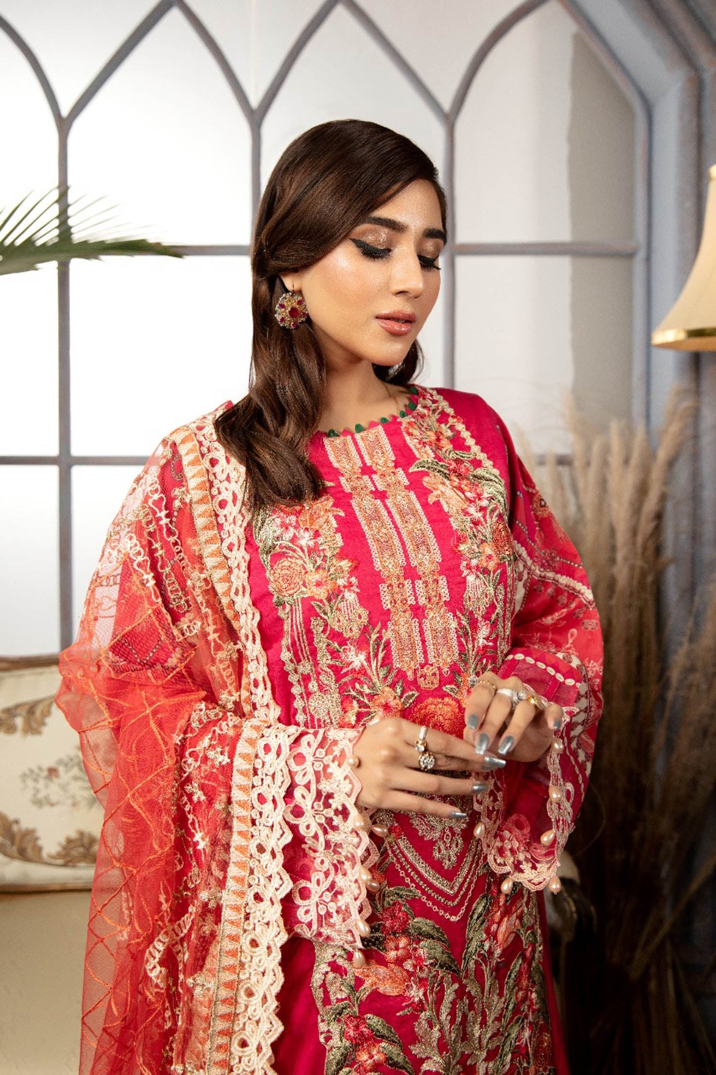 Razzle Red - Digital Printed & Schiffli Embroidered Lawn 3PC