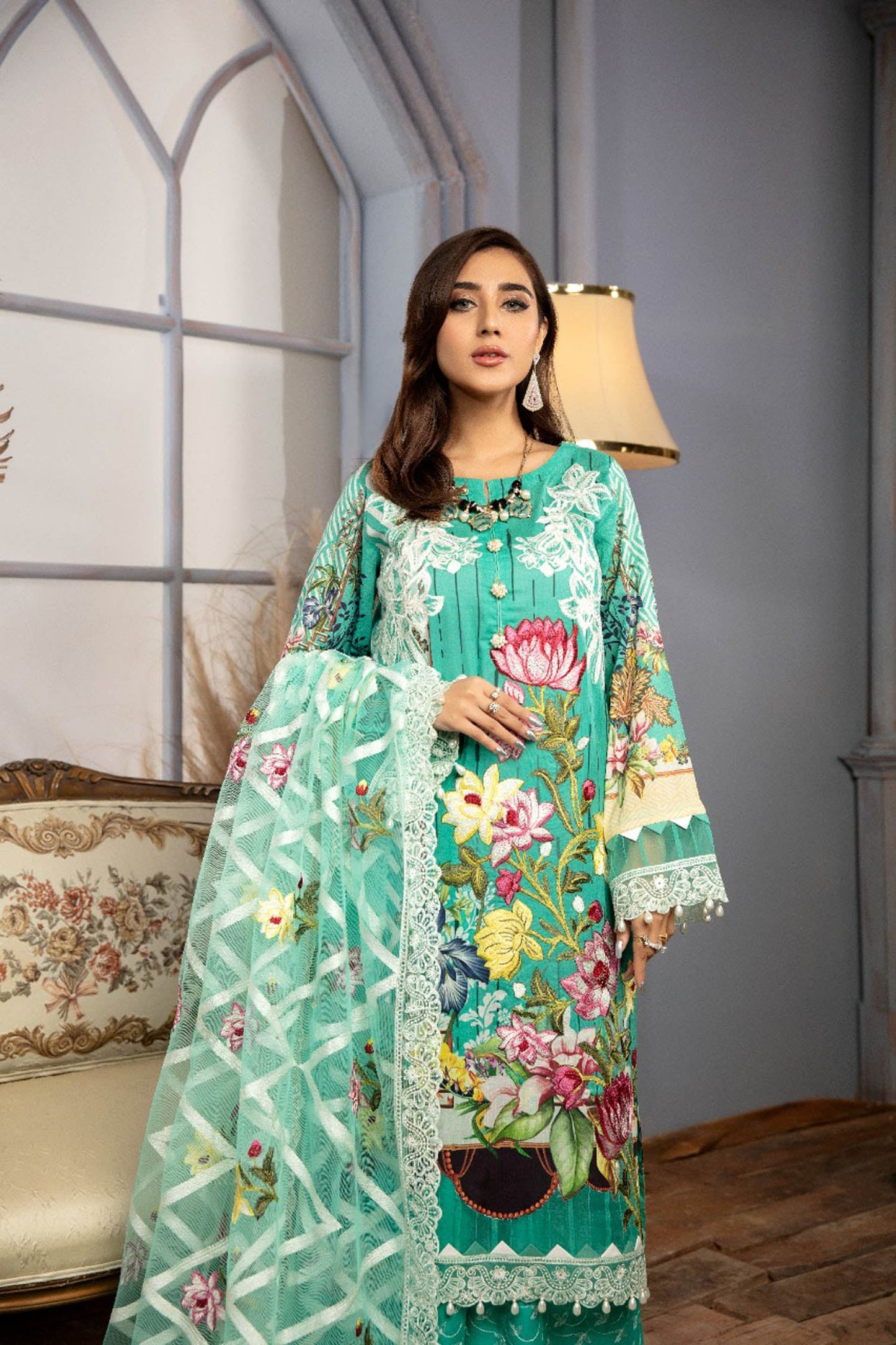 Forest Blue - Digital Printed & Schiffli Embroidered Lawn 3PC