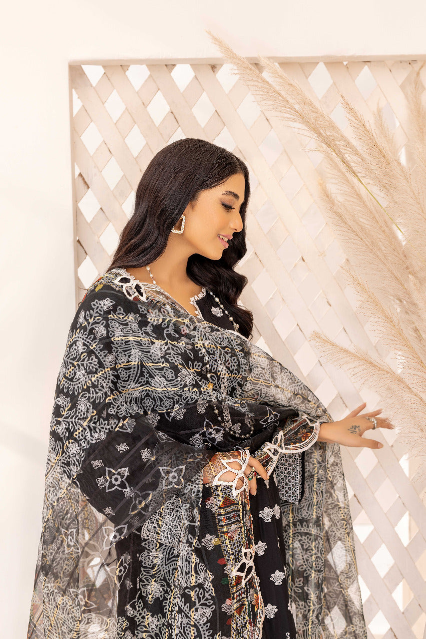 Midnight Black - Schiffli Embroidered Linen 3PC Pret