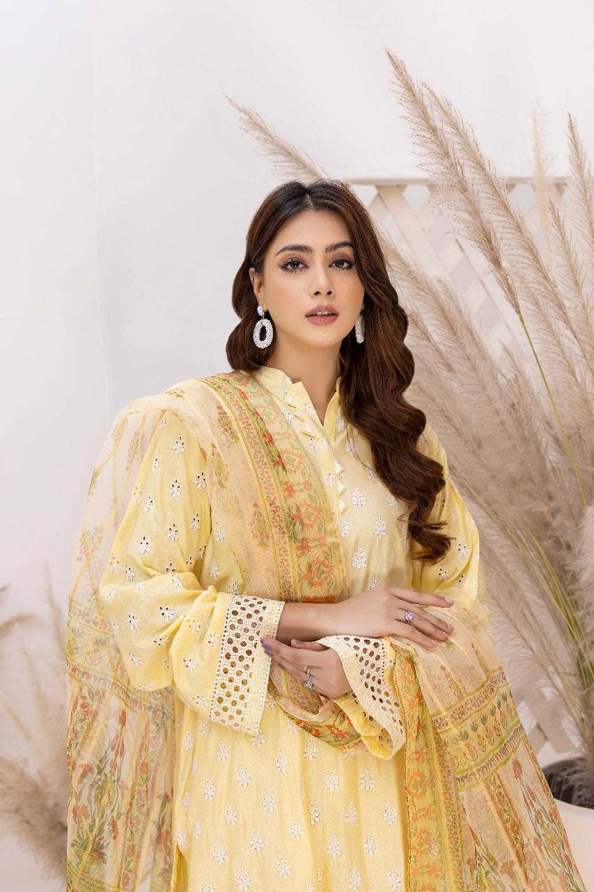 Pale Goldenrod - Schiffli Embroidered Linen 3PC Pret