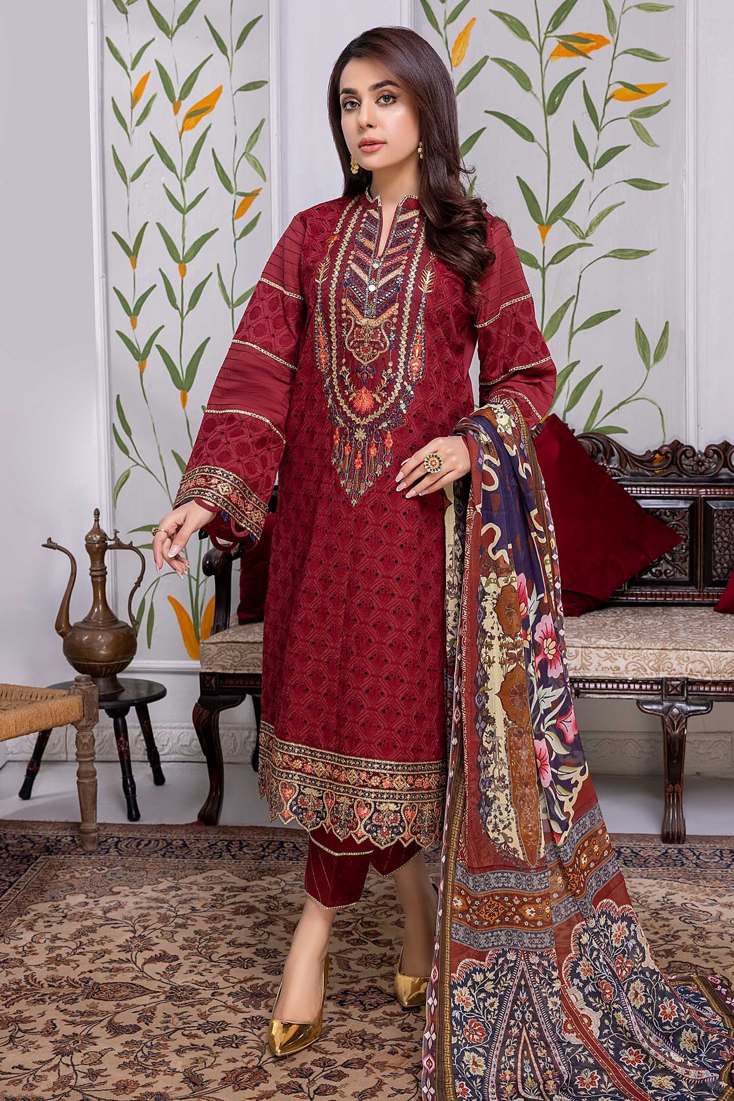 Claret - Chikankari Embroidered Lawn Stitched 3PC