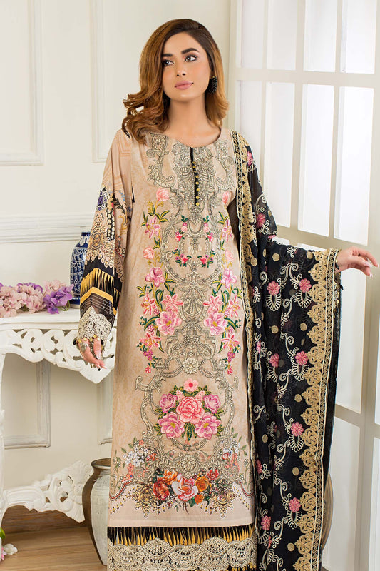 Burly Wood - Digital Printed & Embroidered Swiss Lawn