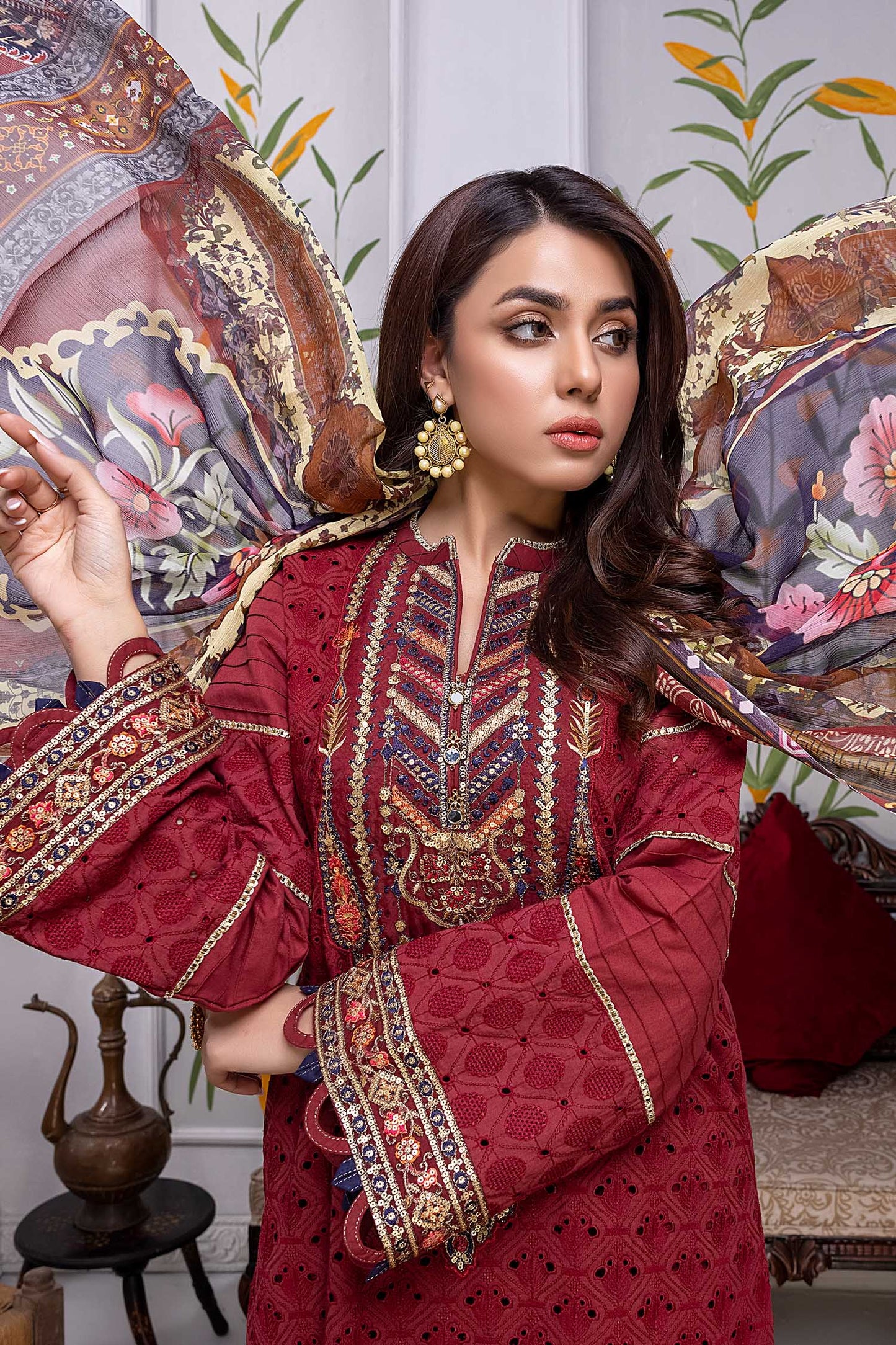 Claret - Chikankari Embroidered Lawn Stitched 3PC
