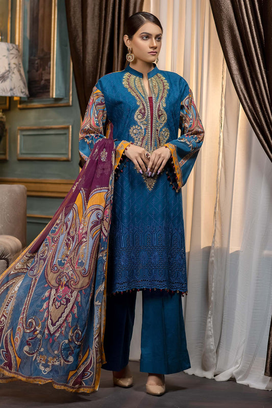 Prussian Blue - Embroidered & Printed Lawn