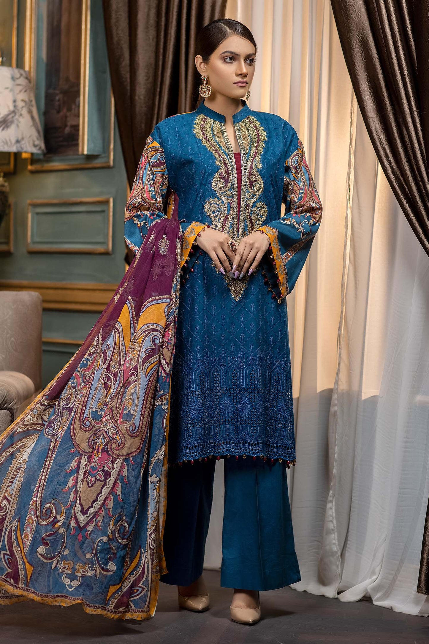 Prussian Blue - Stitched Printed & Embroidered Lawn