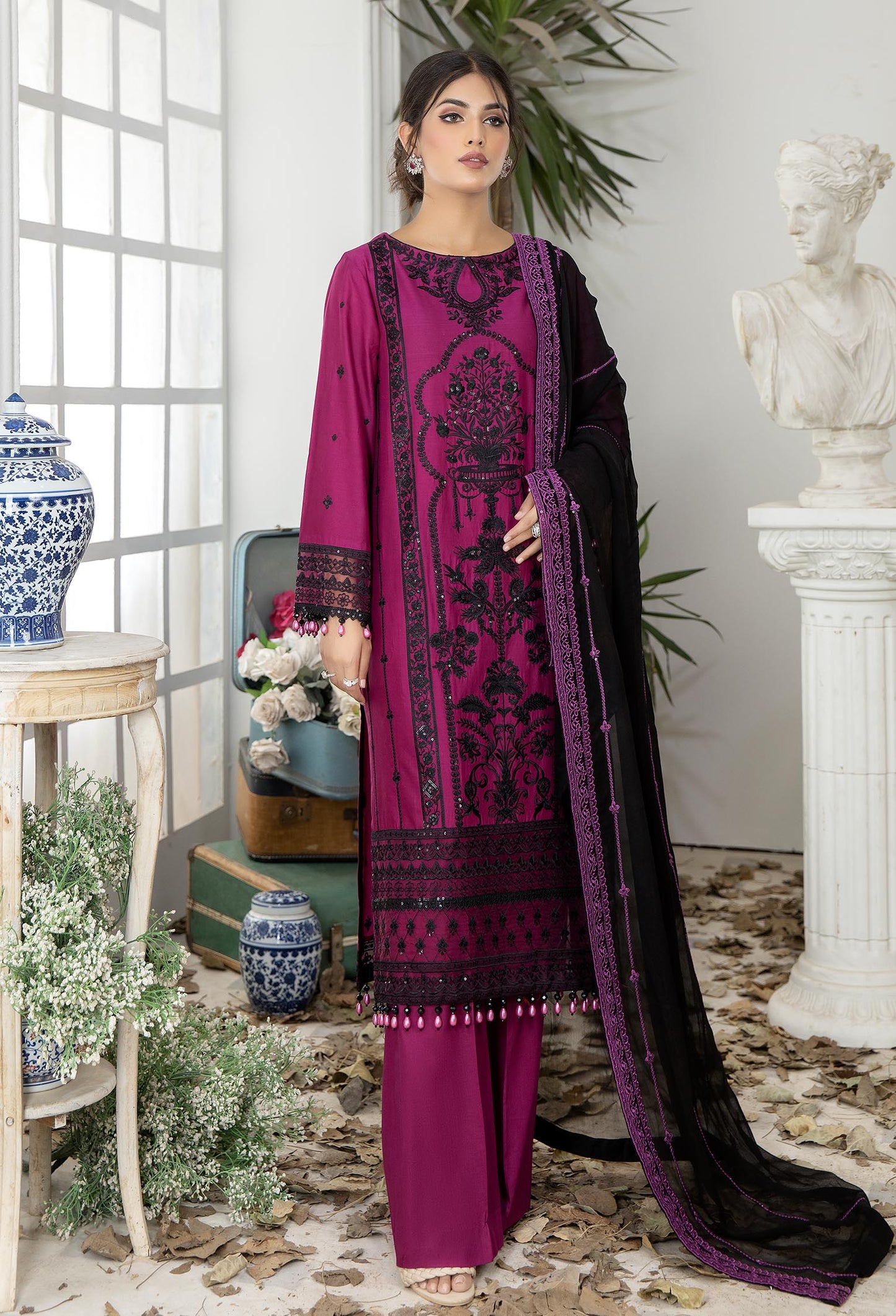 Dark Raspberry - Embroidered Unstitched Lawn