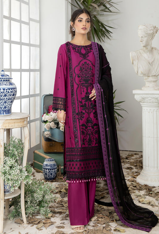 Dark Raspberry - Embroidered Unstitched Lawn