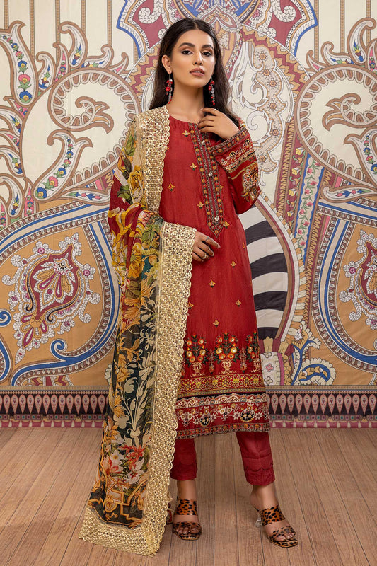 Cherry Red - Printed & Embroidered Lawn Pret 3PC