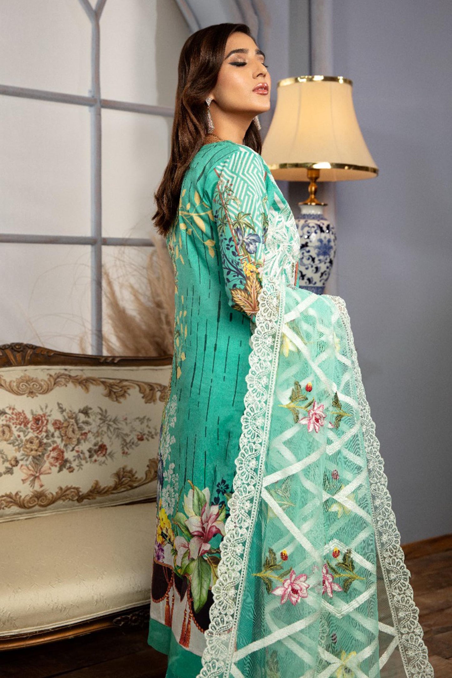 Forest Blue - Digital Printed & Schiffli Embroidered Lawn 3PC