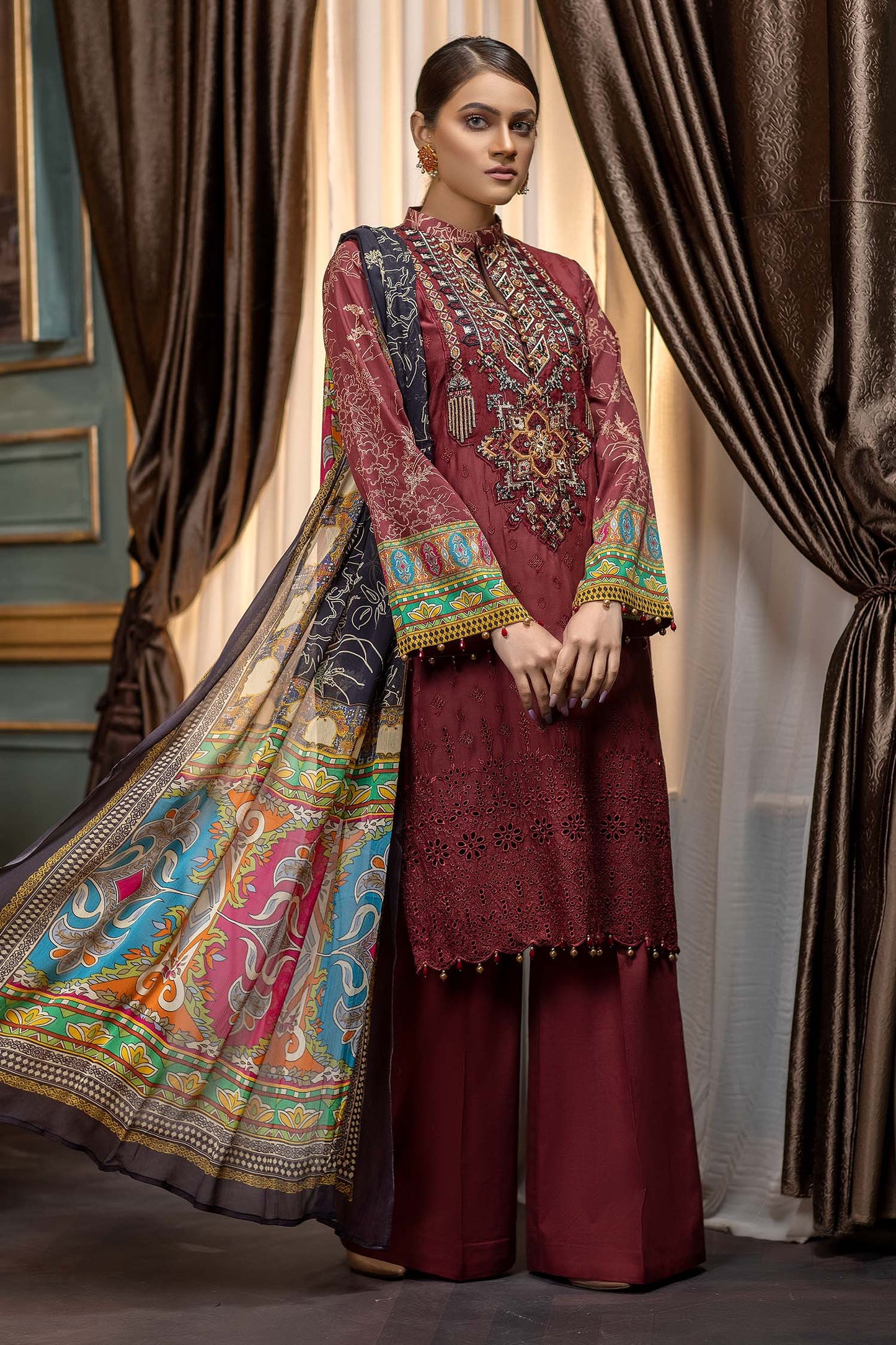Dark Sienna - Embroidered & Printed Lawn