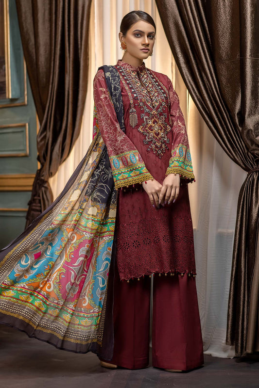 Dark Sienna - Embroidered & Printed Lawn