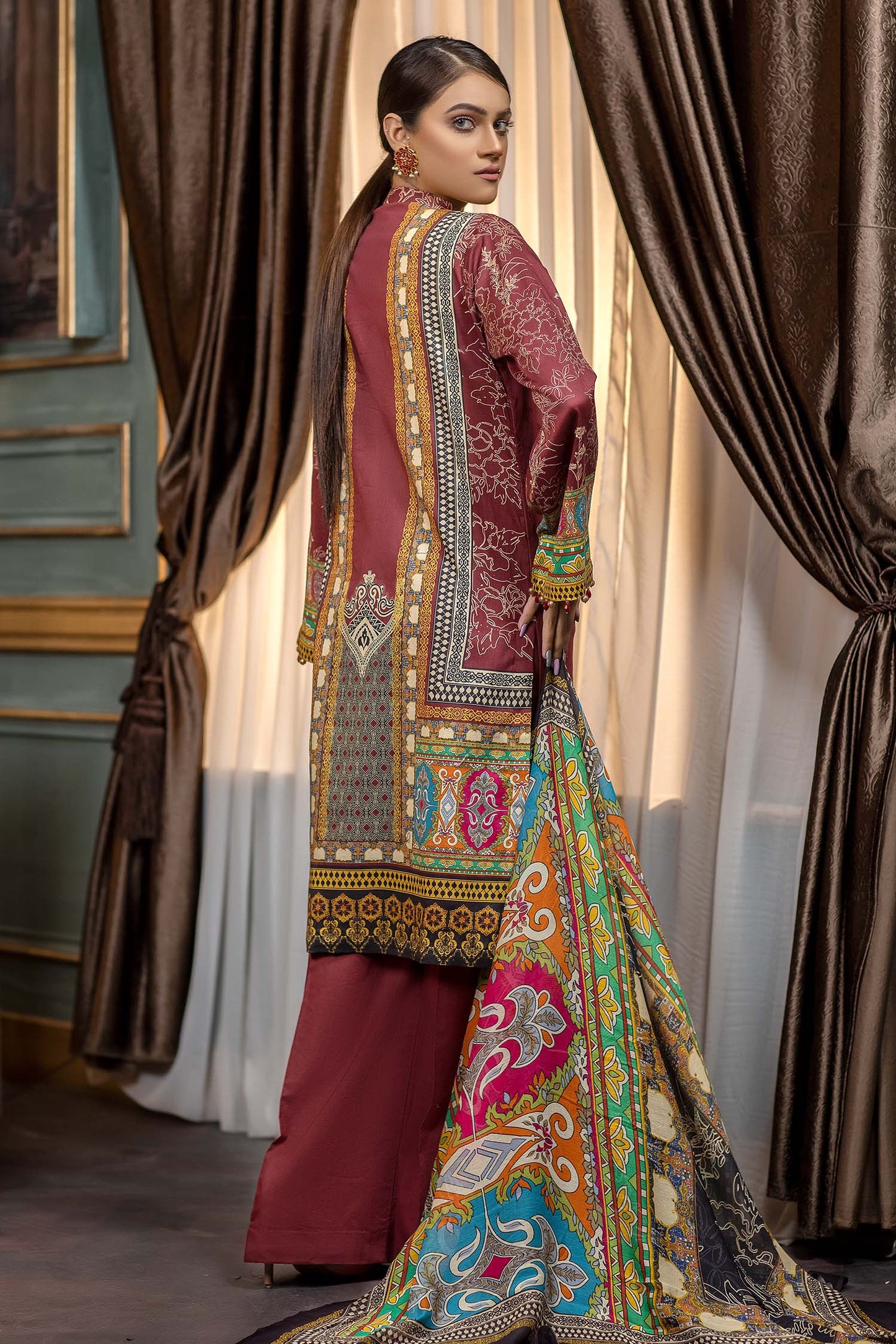 Dark Sienna - Stitched Printed & Embroidered Lawn