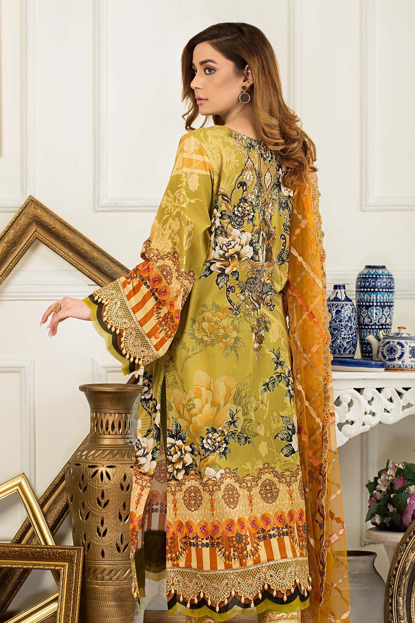 Luxor Gold - Digital Printed & Embroidered Swiss Lawn