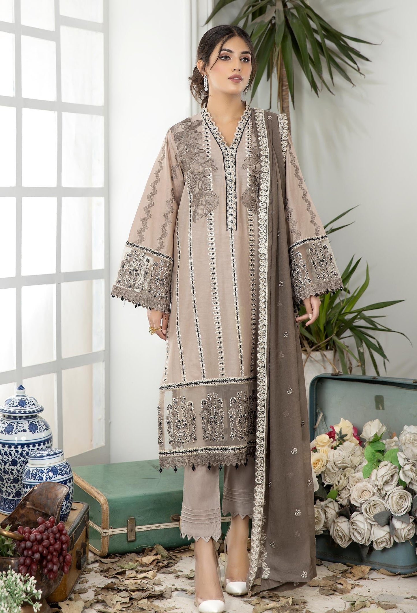 Almond Frost - Embroidered Unstitched Lawn