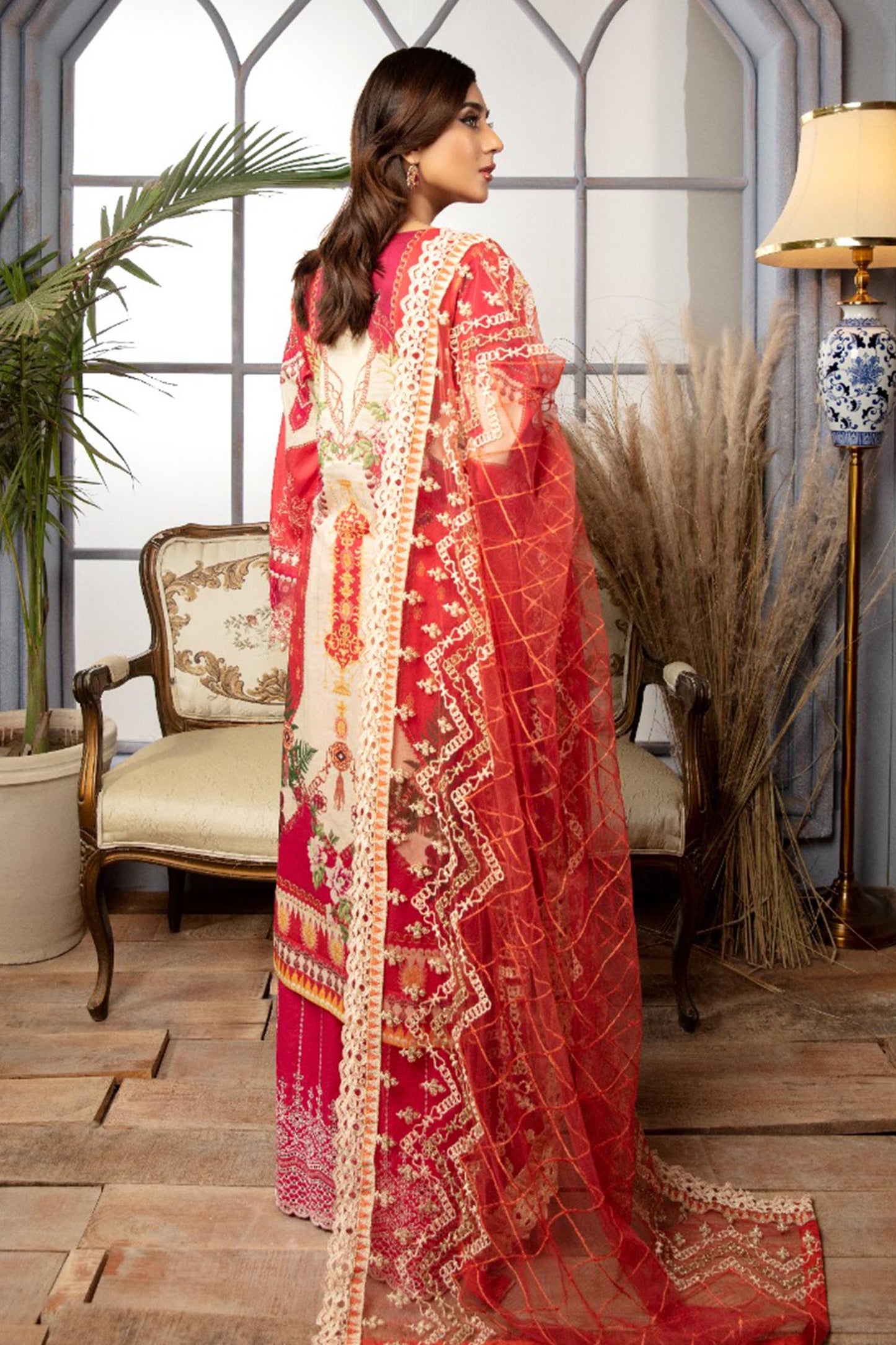 Razzle Red - Digital Printed & Schiffli Embroidered Lawn 3PC