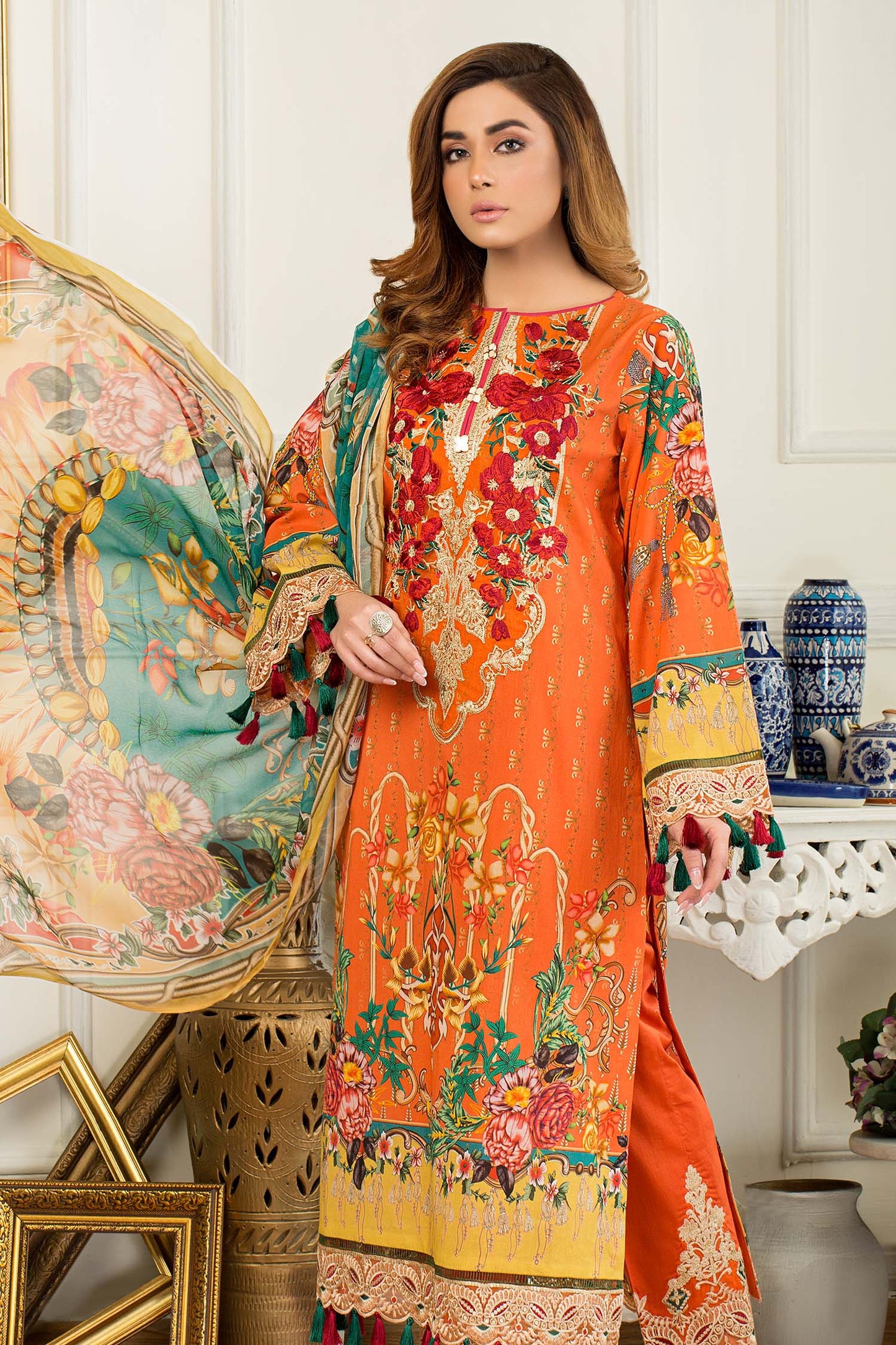 Yellowish Orange - Digital Printed & Embroidered Swiss Lawn