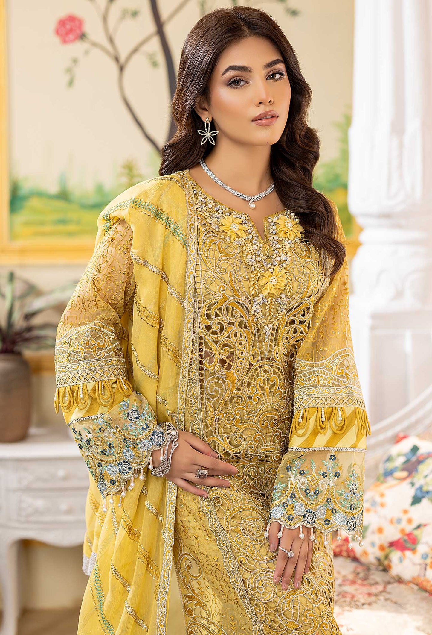 Crystal Lime - Embroidered Organza Stitched