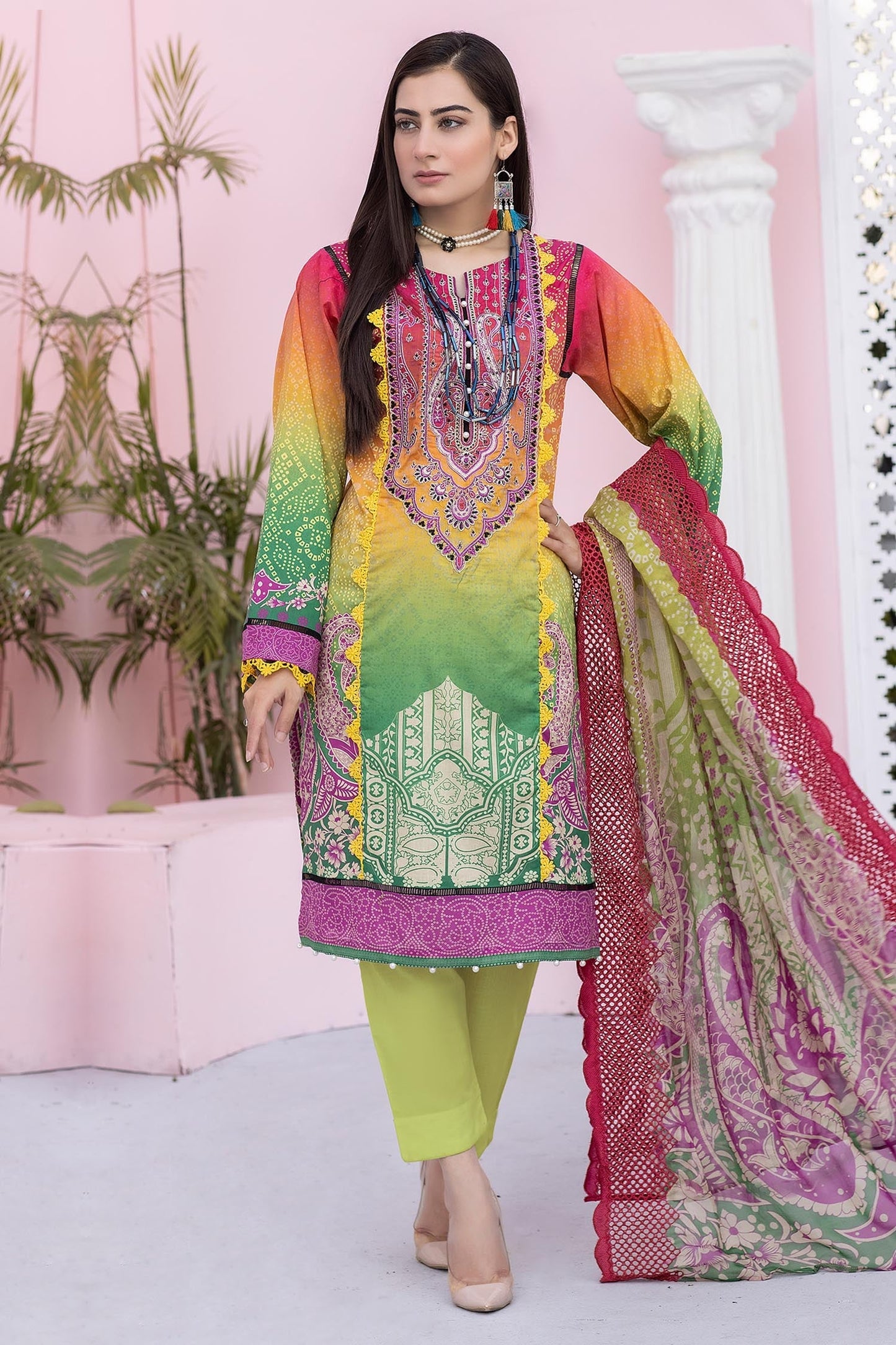 Iguana Green - Digital Printed & Embroidered Lawn