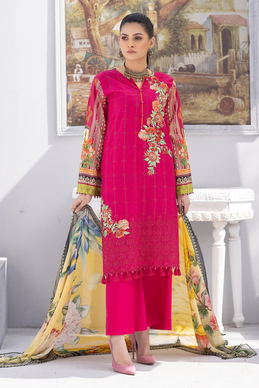 Shocking Pink - Embroidered Chikankari & Printed Lawn