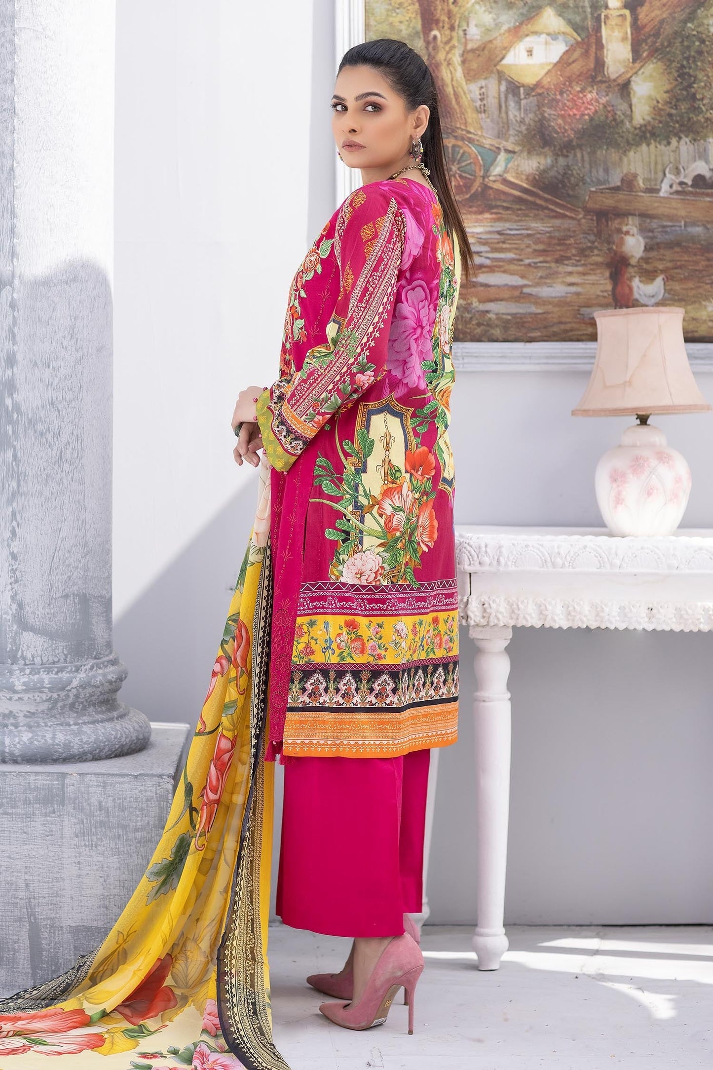 Shocking Pink - Embroidered Chikankari & Printed Lawn