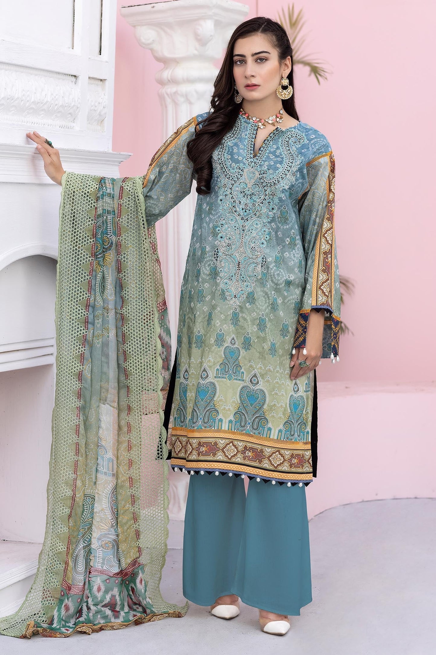 Grey Blue - Digital Printed & Embroidered Lawn