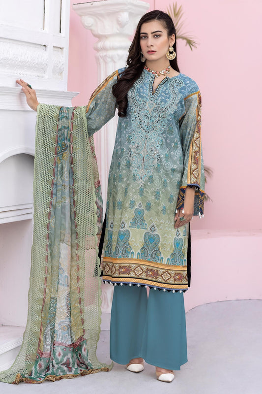 Grey Blue - Digital Printed & Embroidered Lawn