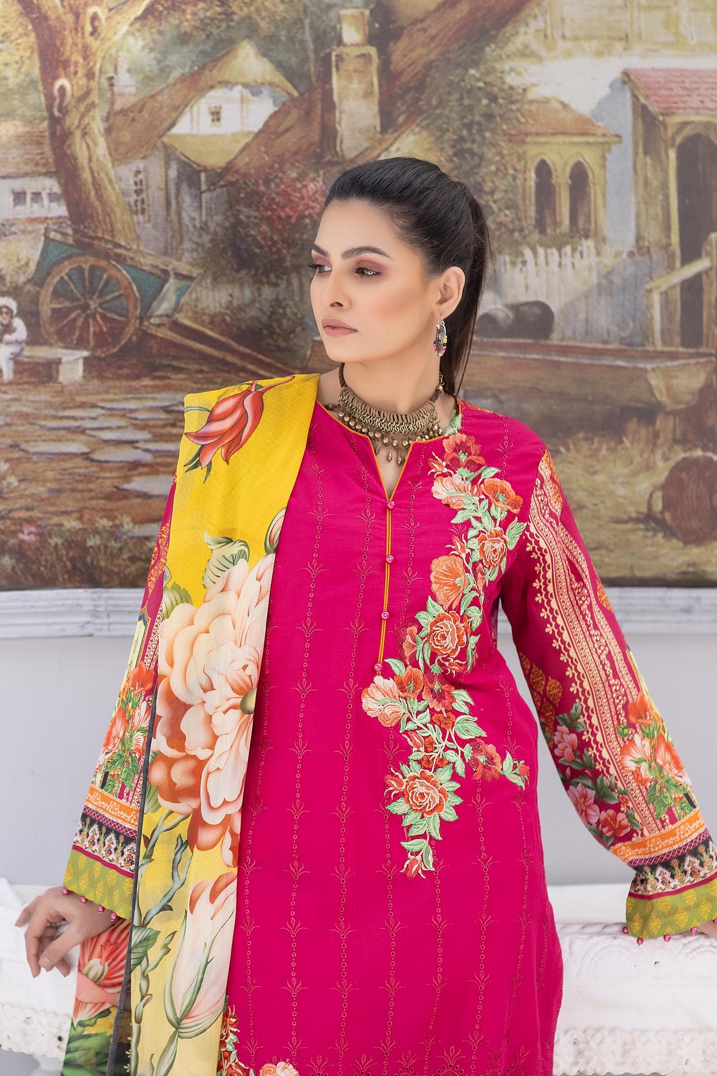 Shocking Pink - Embroidered Chikankari & Printed Lawn