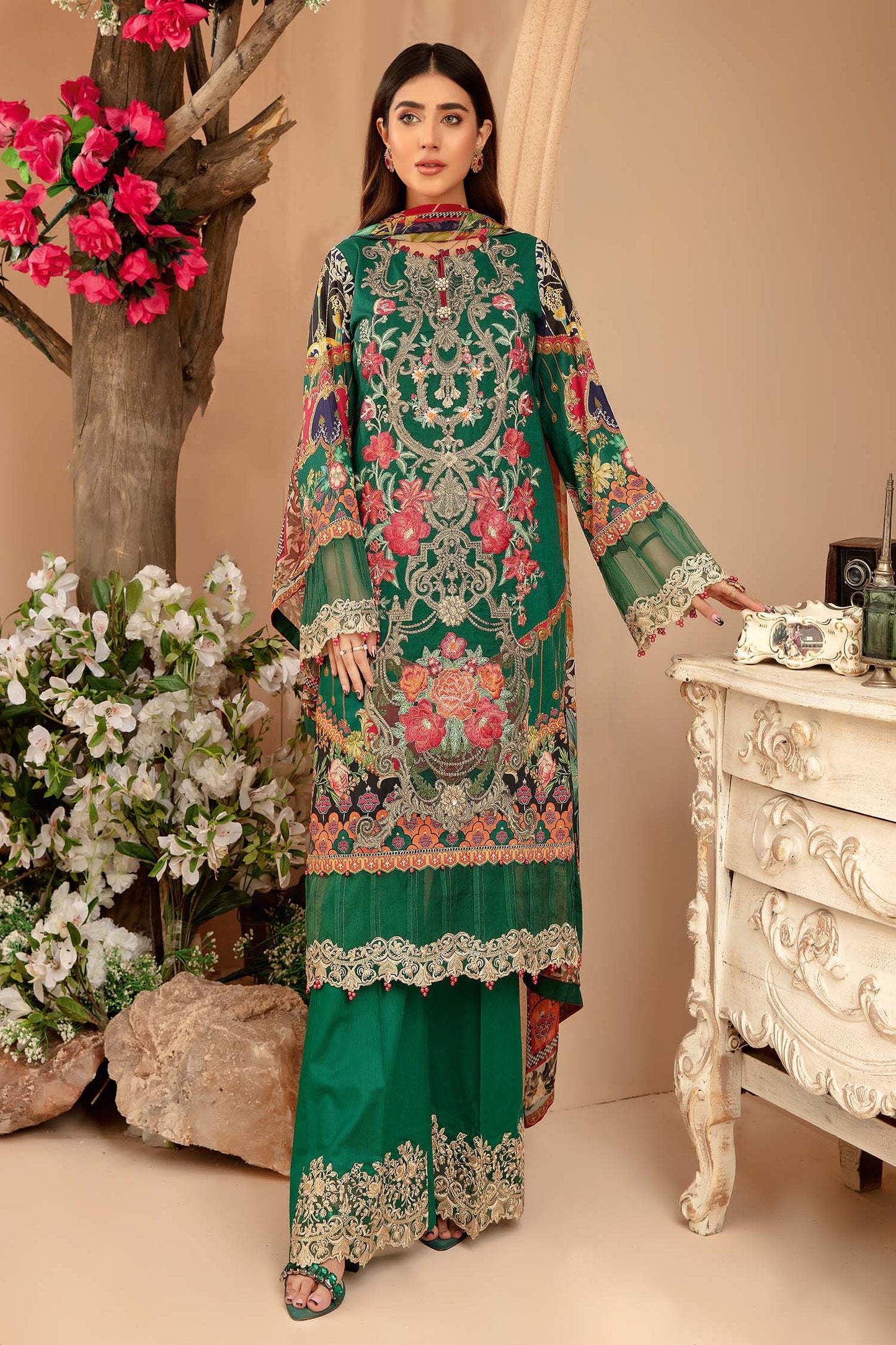 Blooming Floral - Digital Printed & Embroidered 3PC