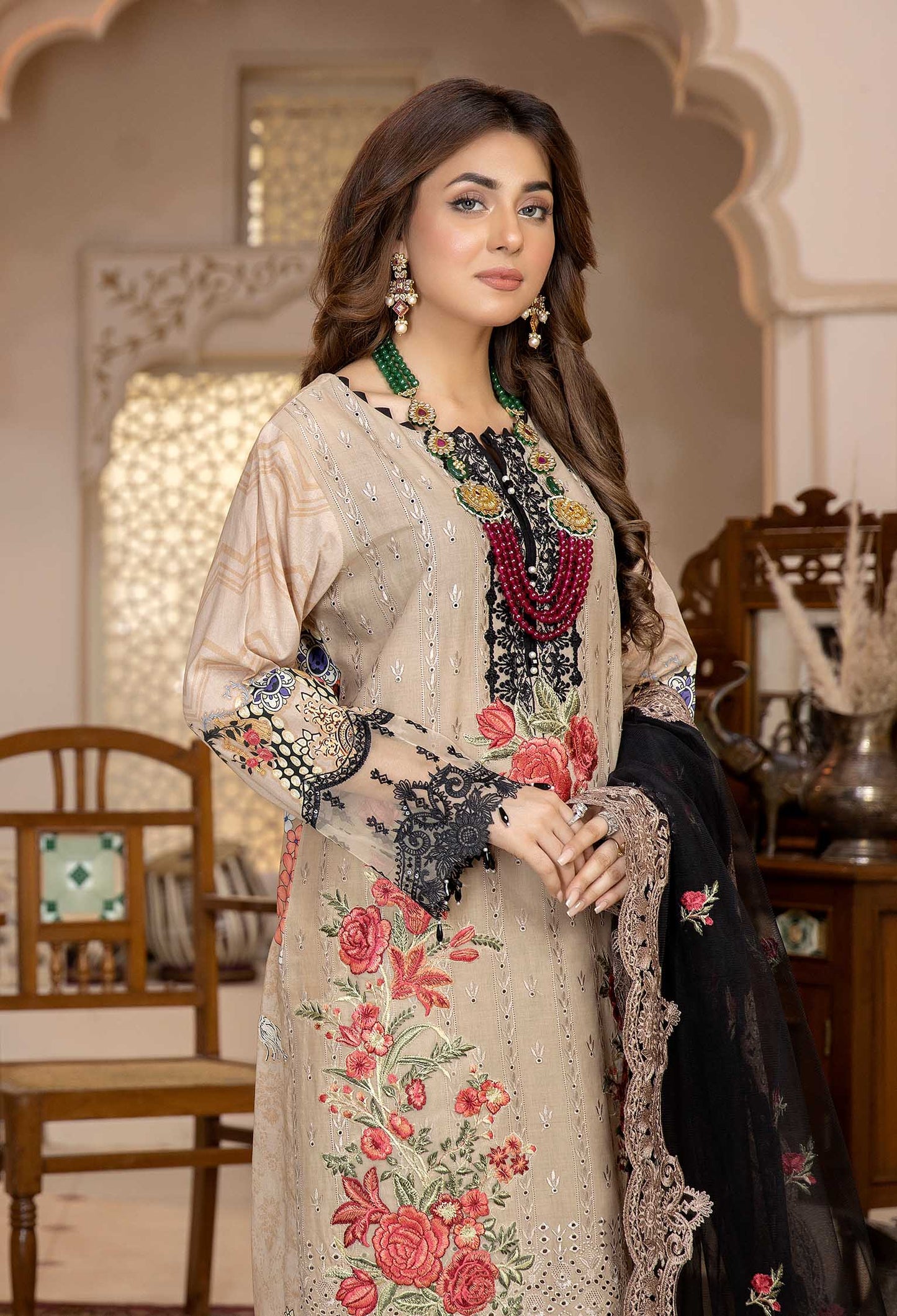 Creamed Butter - Chikankari Embroidered Lawn 3PC