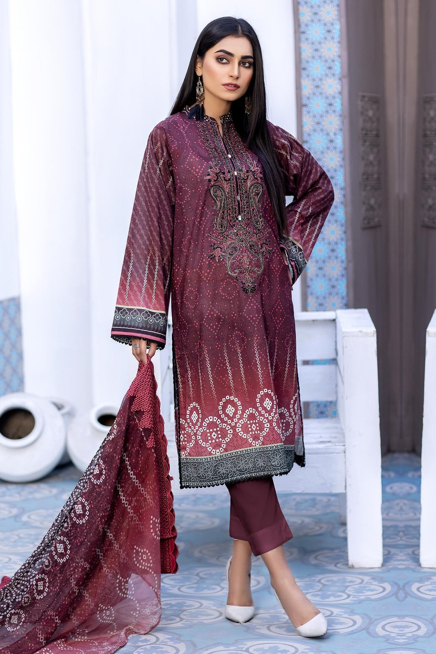 Old Mauve - Digital Printed & Embroidered Lawn