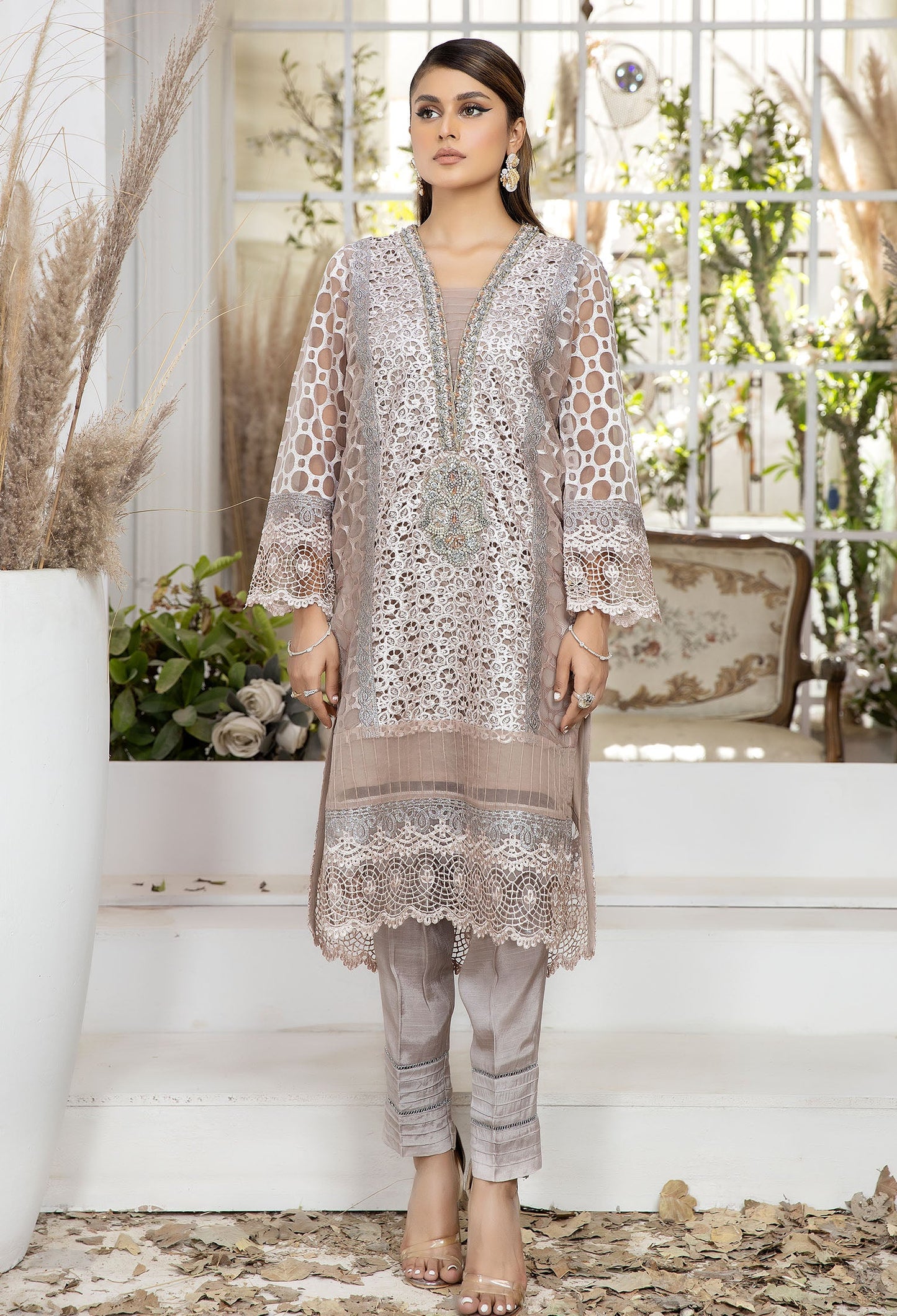 Almond Frost - Embroidered Organza Pret