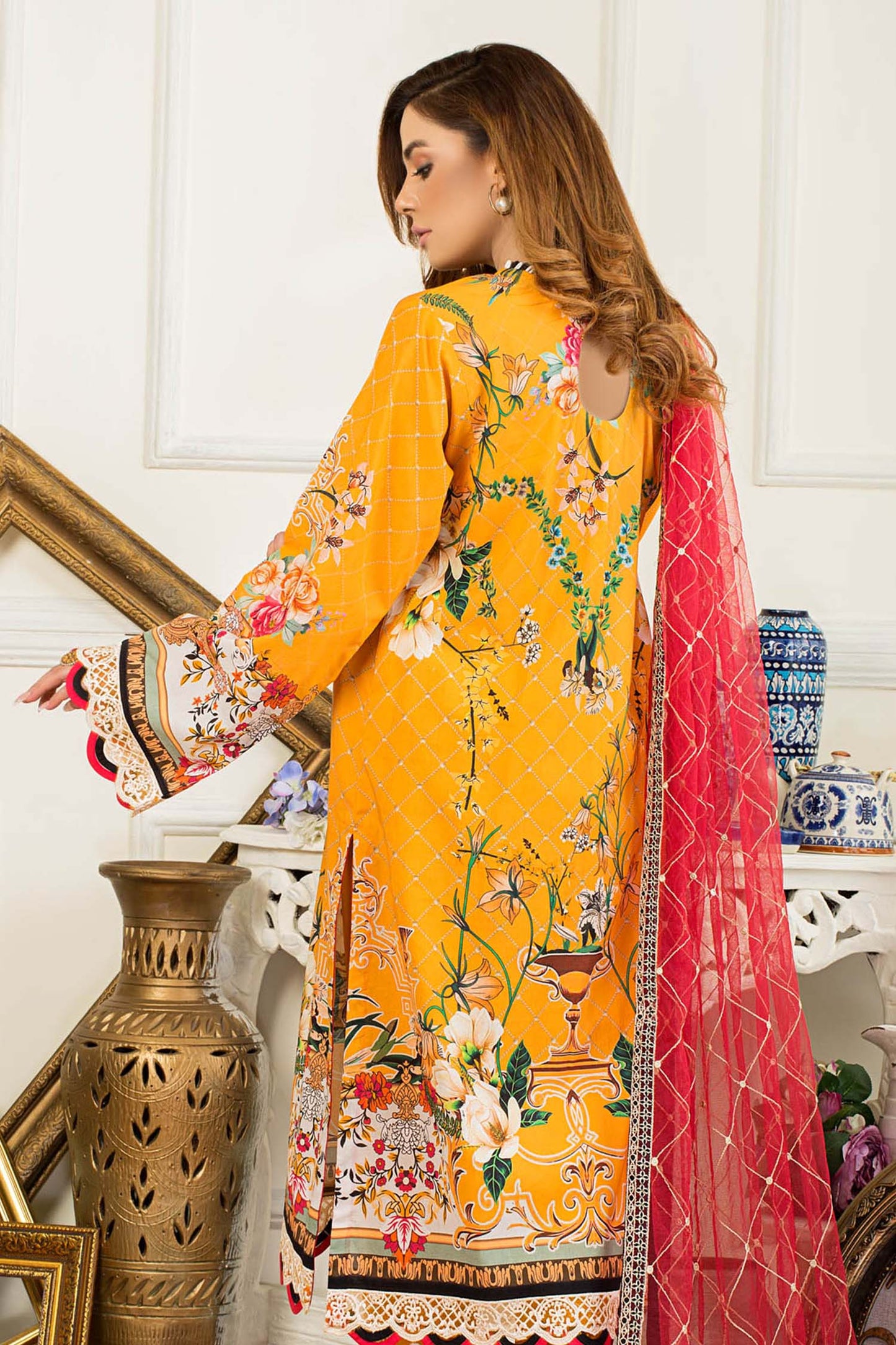 Deep Saffron - Digital Printed & Embroidered Swiss Lawn