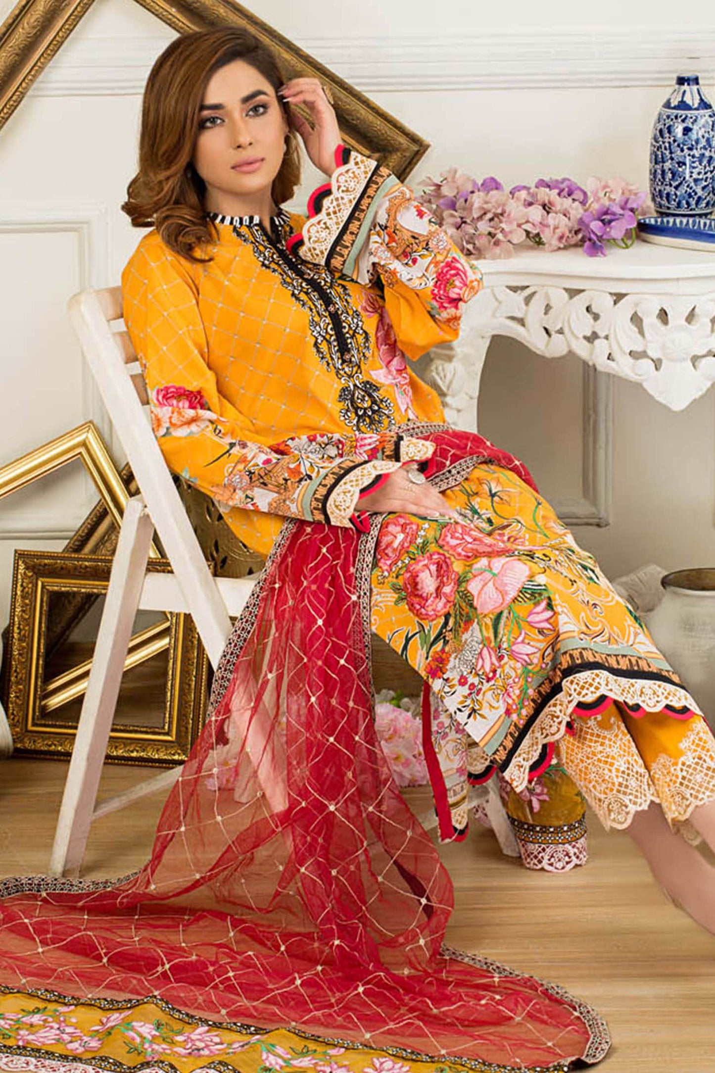 Deep Saffron - Digital Printed & Embroidered Swiss Lawn